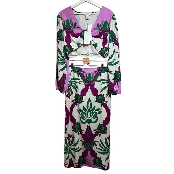 New Caroline Constas 2 Pc Set Skirt Top Long Sleeve Crop Top Tropical Floral Pat - Picture 2 of 8